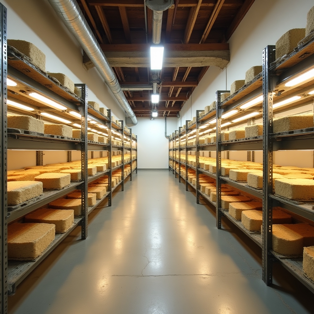 Converted basement mushroom growing room with insulated walls and rows of shelving