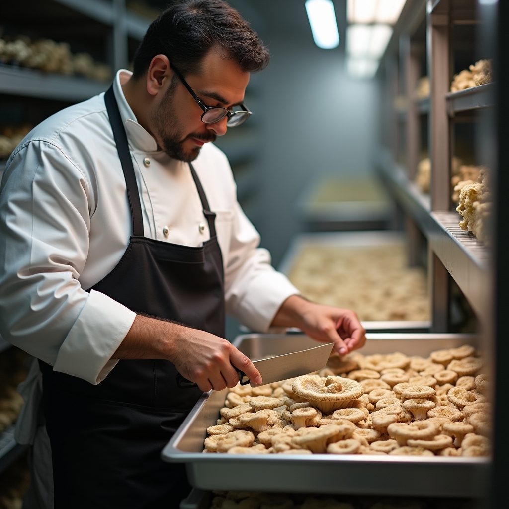 Chef in kitchen whites harvesting fresh oyster mushrooms from a growing rack