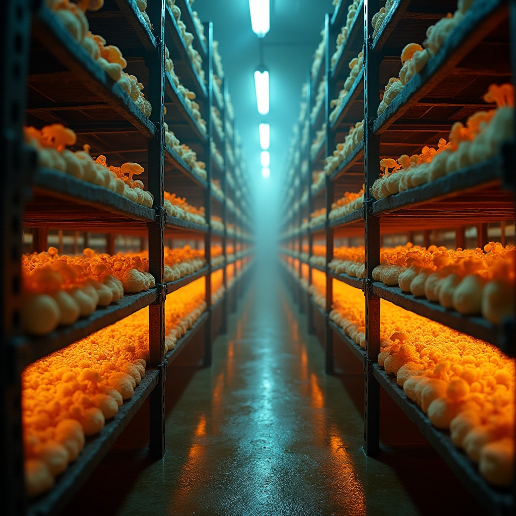 Rows of glowing substrate racks inside a climate-controlled mushroom growing room