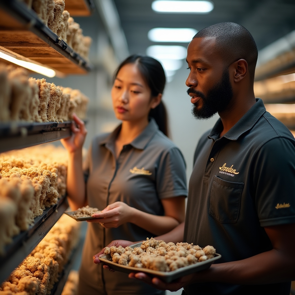 Kitchen staff member being trained on mushroom harvesting technique inside a growing room