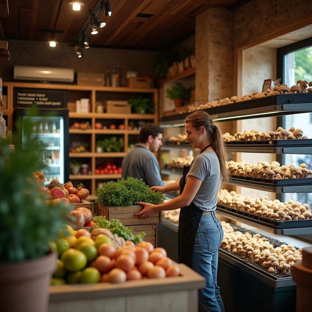 Organic grocery shop interior in Łódź with wooden shelving and produce displays