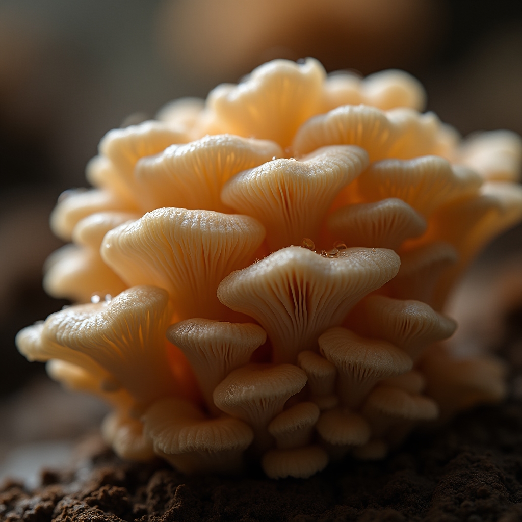 Close-up of an oyster mushroom cluster growing on substrate