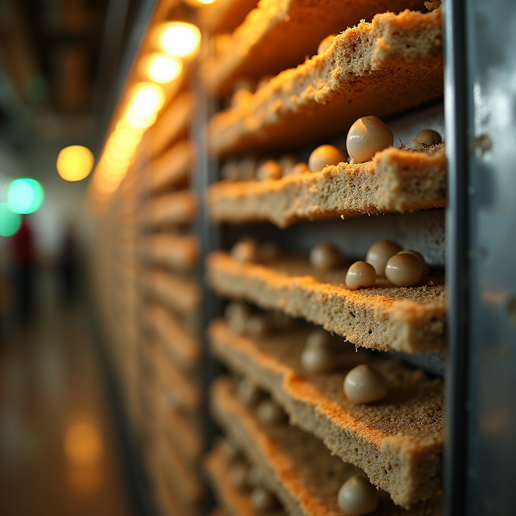Close-up of vertical substrate racks with mushroom blocks under grow lighting
