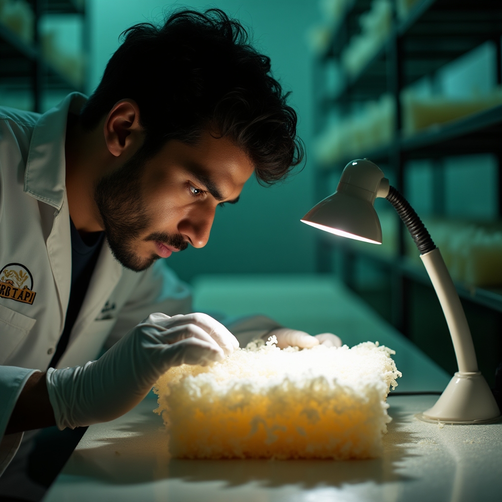 Technician in protective gloves inspecting mycelium growth on a substrate block