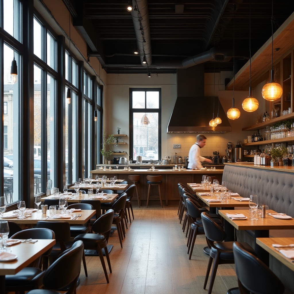 Modern restaurant dining room interior in Warsaw with an open kitchen visible